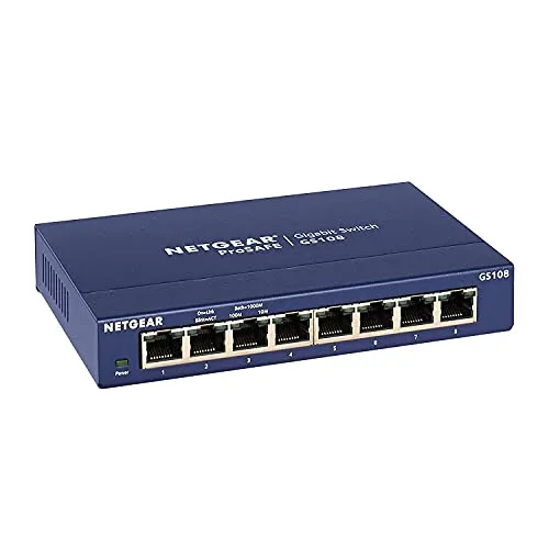NETGEAR GS108GE LAN Switch 8 Port Netzwerk Switch (Plug-and-Play Gigabit Switch LAN Splitter, LAN Verteiler, Ethernet Hub, lüfterloses Metallgehäuse, ProSAFE Lifetime-Garantie), Blau