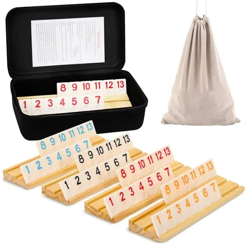 SOOPOTAY Rummy Cup Brettspiel Für 2–4 Spieler – 106 Melamin-Fliesen, 4 Holzhalter, Premium-Koffer & Beutel – Reisespiel für Erwachsene