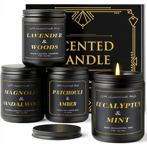 Duftkerzen für Männer, 4er Pack Herrenkerzen für Zuhause Duftend, 28oz Duftkerzenset Sojawachskerzen Set - Lavendel/Patchouli/Sandelholz/Eukalyptus, Kerzen Geschenke für Männer, Papa, Ehemann, Freund