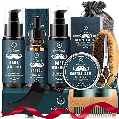 Bartpflege Set für Männer, Oukzon 10 in 1 Hochwertig Bart Geschenke für Männer - 60ML Bartshampoo, 60ML Bart Conditioner, Bartöl, Bartbalsam, Bartkamm,Bartbürste, Bartschere,Bartschablonen,Reisetasch