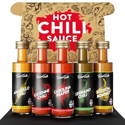 TIMBER TASTE® Chili Sauce Geschenkset [5 x 40ml] | Offroad Hot ones Soßen Geschenk Set | Geschenke für Männer & Frauen | Barbecuesauce, Currysauce, Mangosause | Chilli Saucen Gewürze