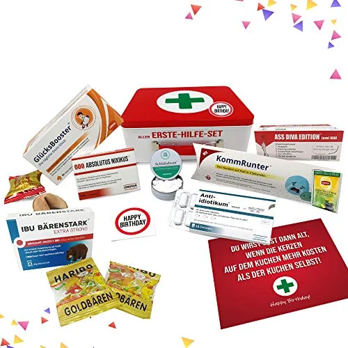 Longfair Geburtstagsgeschenk - Aller Erste Hilfe Set Geschenk-Box, witziger Lebensmittelgeschenkkorb| Das Original | Scherzartikel zum Geburtstag