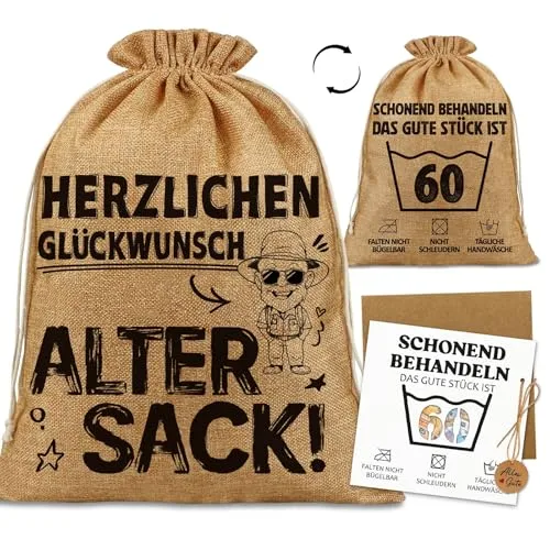 Lustiges Geschenkbeutel Geschenk zum 60 Geburtstag Mann-Jutebeutel "Herzlichen Glückwunsch, alter Sack!“ mit Geldgeschenke Geburtstagskarte 60–Witziges Geschenke für 60. Geburtstag Mann (40x30 cm)