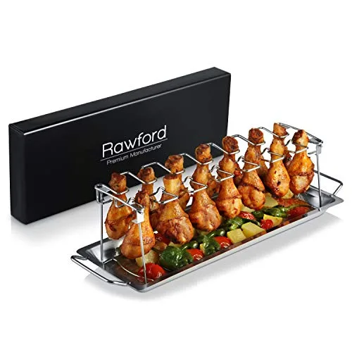 Rawford Hähnchenschenkel Halter | LFGB-geprüft (TÜV) | Edelstahl Grill & Backofen Chicken Rack | Spülmaschinenfest, Klappbar & langlebig | Inkl. BBQ-Rezeptkarte & eBook