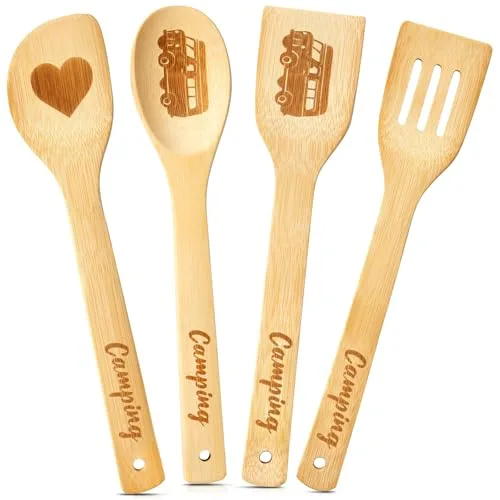 Geiserailie 4er Camping Geschenk zum Geburtstag Weihnachten, Holz Küchenhelfer Set mit Wohnmobil und Herz Motiv, Holz Kochlöffel und Pfannenwender, Lustige Camping Accessories für Frauen Männer