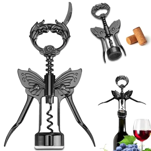 LUCYLANKER Weinflaschenöffner, Mehrzweck Flaschenöffner mit Folienschneider und Schmetterlingsflügelform, passend für alle Korken und Bierflaschenverschlüsse, Geschenk für Weinliebhaber (Schwarz)