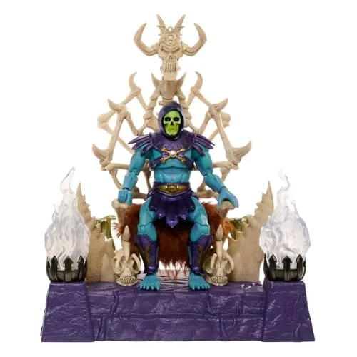 Masters of the Universe Masterverse Skeletor Actionfigur- und Thron-Set, MOTU Spielzeug, beleuchteter Thron, abnehmbare Kapuze und Umhang, 2 Stabzubehörteile, HXX63