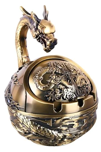 Stylitzy Dekorativer winddichter Vintage-Aschenbecher mit Deckel für Zigaretten, Metall, tragbar, für drinnen und draußen, handgeschnitzt, ausgefallenes Geschenk, Ornament für Männer (Bronze-Drache)