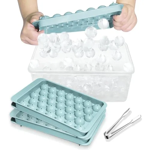 Miaowoof Eiswürfelform mit Deckel und Behälter, 2,5 cm x 99 Stück Runde Eiswürfel, Non-BPA Eiswürfelbehälter mit Deckel für Eis, Cocktail, Kaffee, und Tee, Platzsparend und Stapelbar (Blau)