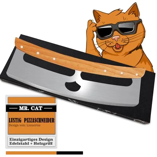Linuorise Pizzaschneider, Lustig Pizzamesser, Profi Pizzamesser (Pizza Cutter) Effektiver als Pizzaroller, Fun Pizza Wiegemesser aus Edelstahl 35cm mit Holzgriff, Pizza Geschenke