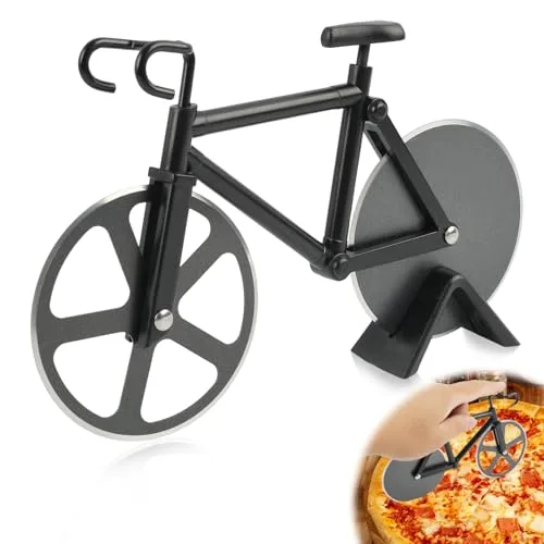Fahrrad Pizzaschneider, Edelstahl Pizzaschneider mit Antihaftbeschichtung, Praktisches Design, Neuheit, Lustige Küchenutensilien, 19 cm, Schwarz
