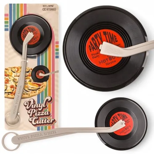 MIJOMA Vinyl Pizza Schneider – Retro Pizzaschneider im Schallplatten-Design, 21,5 cm, mit Silikon-Aufhängung und Kunststoffgriff, Party Time & Rock Look (Rot „Party Time“)