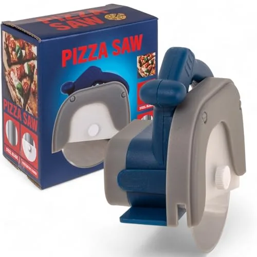 MIJOMA Pizzaschneider Handkreissäge - Innovativer Pizza Cutter mit Edelstahlklinge und Schutzabdeckung - 11x12x6 cm, Ergonomisches Design, Perfekt für Pizza, Flammkuchen & Co.
