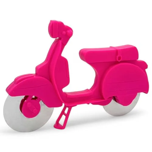 MIJOMA Pizza Schneider Motorroller – Trendiger Pizzaroller im Scooter-Design, Edelstahl Pizzarad, Pizzaschneider mit Ständer, spülmaschinenfest (1, Pink)