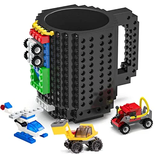DAYMOO Build-on Bricks kaffeebecher, Lustige tassen, Kreative DIY kaffeetassen Baustein tasse kinder, Geschenkideen für Männer Kinder, Schwarz