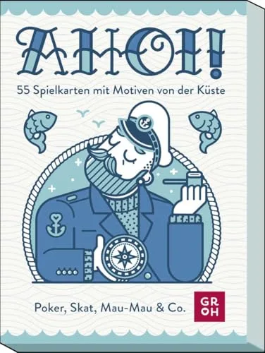 GROH AHOI! 55 Spielkarten mit Motiven von der Küste: Poker, Skat, Mau-Mau & Co. | illustriertes Kartenset, 55 Blatt inkl. 3 Joker