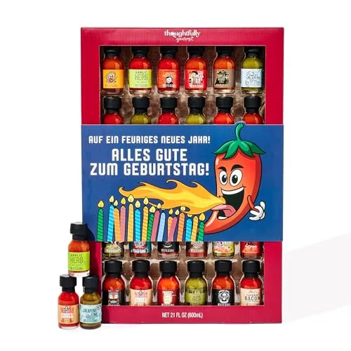 Thoughtfully Gourmet, Master Hot Sauce Collection Probierset, Geschmacksrichtungen umfassen Knoblauch-Kräuter, Apfel-Whiskey und mehr, Geburtstagsverpackung, 30er-Set