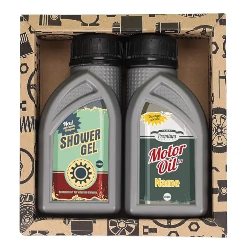 Lustapotheke® Geschenkset für KfZ Mechaniker oder Hobby Schrauber - 2x Duschgel für Männer im Motoröl-Design 2 - Retro mit Namen