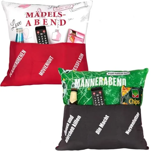 KAMACA Kuscheliges Wendekissen 2-in-1 Sofakissen mit Taschen 43x43 cm Lustiges Geschenk für Männer Frauen Freunde Teenager Deko für Couch Party Geburtstag Spieleabend (Mädelsabend und Männerabend)