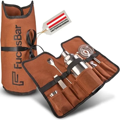 Cocktail-Shaker-Set [inklusive Tasche & Rezeptkarten] – 7-teiliges Premium-Set mit Holzstößel, Eiszange, Sieb & mehr – Barzubehör, Barkeeper-Set | Platzsparendes Design für Zuhause und unterwegs