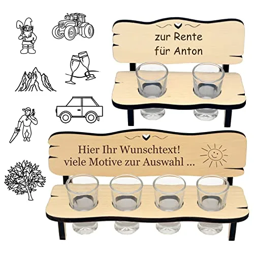Geschenk zur Rente - die originelle Schnapsbank für Rentner mit Gravur - 2 oder 4 Gläser - Rentnerbank als Rentnergeschenk für Mann und Frau im Ruhestand, Pensionierung, Lebensabend