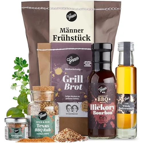Gepp’s Feinkost Männerfrühstück Wundertüte I Geschenkidee für Männer mit Bio Grill- und BBQ Sauce, Whiskey, Texas Super Rub, Black Lava Salz & Grillbrot I Männergeschenk zum Grillen