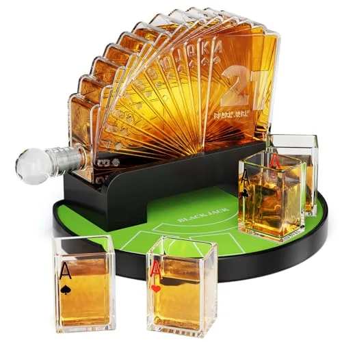 Kollea Blackjack Whiskey Dekanter Set, 37,2 Oz Whiskey Dekanter mit 4 Gläsern, Casino-Stil Dekanter für Spirituosen, Geburtstagsgeschenke für Männer, Papa, Freund, Blackjack Spiel Nacht Essentials