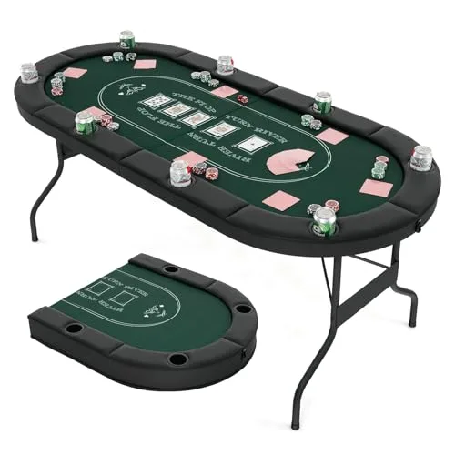 DREAMADE Faltbarer Pokertisch für 8 Spieler, Poker Table Spieltisch mit Getränkehalter, Poker Tisch Roulette Tisch mit Metall-Rahmen 182 x 82 x 75 cm (Grün)