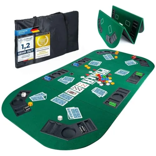 GOODS+GADGETS XXL Pokertisch-Auflage 160 x 80 cm Faltbare Pokerauflage; Poker-Zubehör Pokermatte Tisch-Auflage mit hochwertigem Filz; mit 8 Getränkehaltern; mobil & klappbar (Grün - 160 x 80 cm)