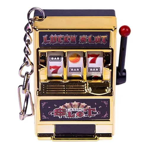 WUSJCOF Mini Slot Machine Keychain,Mini Casino Lucky Charm Jackpot Keychain,Creative Car Decoration Keychain,Kids Funny Gag Toys for Young Men (gold)