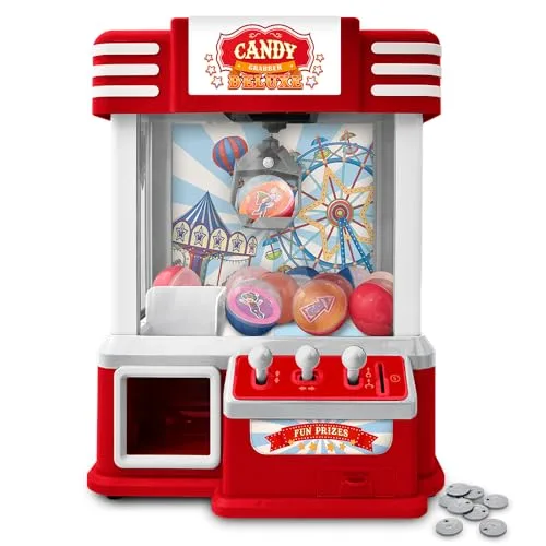 MikaMax Candy Grabber Deluxe, Greifautomat Spiel und Ersatzmünzen, Süßigkeitenautomat mit Überraschungskugeln, Greifautomat mit einstellbarer Musik und LED-Lichtern, Funktioniert mit USB und Batterien