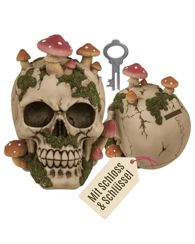Out of the blue Spardose mit Schloss - Totenkopf Design mit Pilzbewuchs - Dekorative Sparbüchse aus Polyresin - Originelles Geldgeschenk zur Hochzeit - Für Kinder & Erwachsene