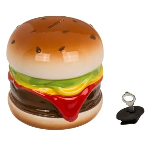 Keramik Spardose im Hamburger Design ca. 15cm Cheeseburger mit Öffnung & Schloss