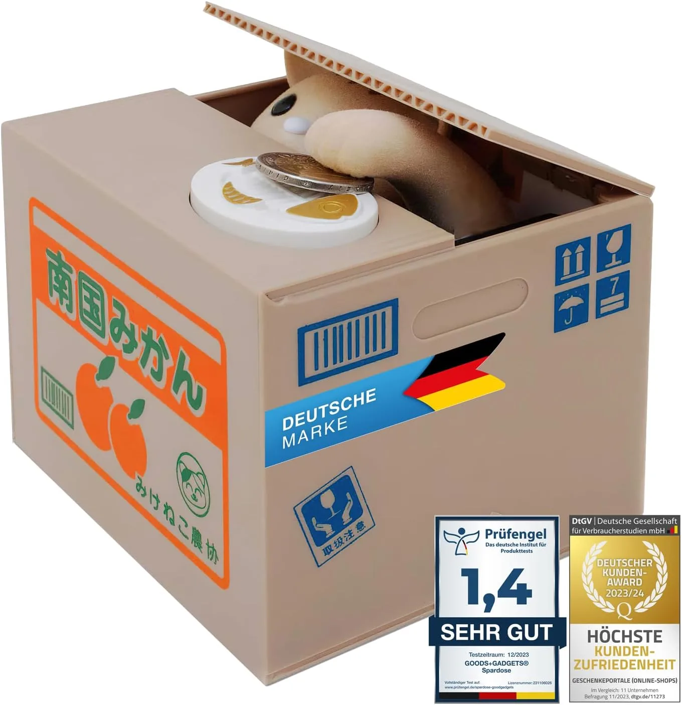 GOODS+GADGETS Katze in der Kiste Münzen Euro Spardose elektronische Pfötchen Itazura Sparbüchse Sparschwein