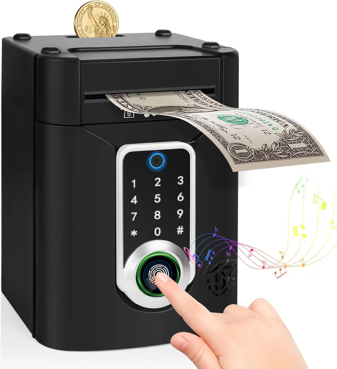 Highttoy Spardose Kinder, Elektronische Spardose Tresor mit Touchscreen und Fingerabdruck, Geldautomat Sparbox Sparschwein Kinder Geschenk Jungen Mädchen 3-12 Jahre, Schwarz