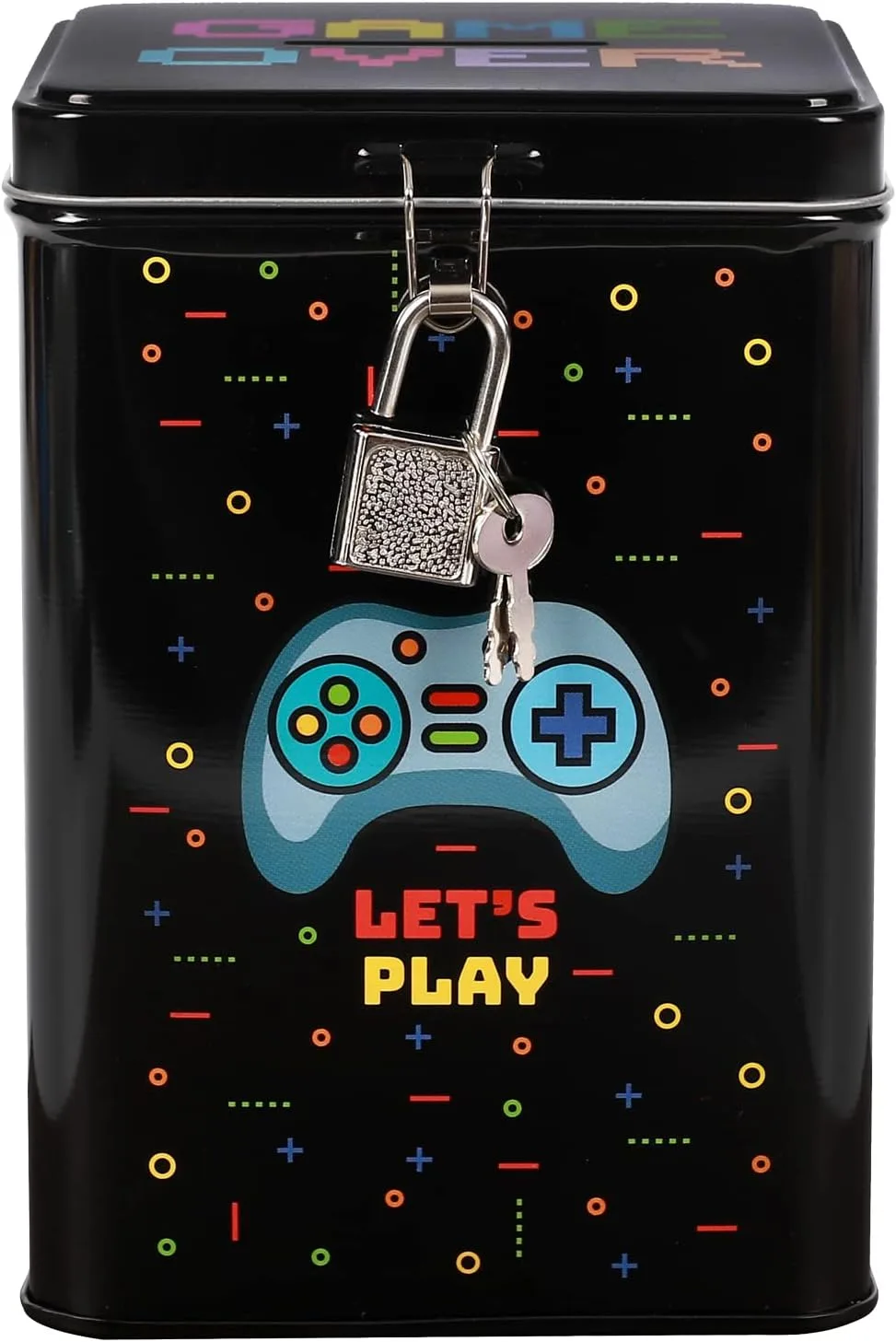 I-TOTAL® – Lustige Spardose mit Vorhängeschloss und Schlüssel, Sparbüchse aus Metall mit Verschluss (Let's Play)