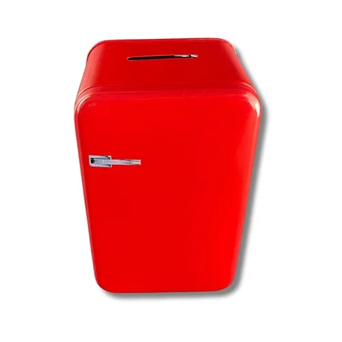 Spardose - Retro-Kühlschrank rot - Rechteckige Plug-Lid Dose mit Sparschlitz aus elektrolytischem Weißblech - (LxBxH) 8,6 x 6,5 x 14,0cm