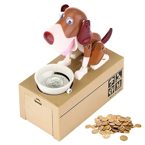 KBIBCK Hungriger Hund Spardose, Welpen-Sparschwein, Hundesparschwein, Sparschwein Kinder, Spardose Hund Frisst Geld, Hundespardose, Elektronisch, Geburtstagsgeschenk für Kinder-Braun und Weiß
