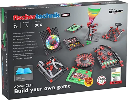 fischertechnik 564067 ADVANCED Build your own game – Baukasten für Kinder ab 7 Jahren, Konstruktionsspielzeug, Spielesammlung mit Roulette, Glücksrad & Labyrinth, Schwarz