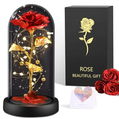 BOLEi Geschenke für Frauen, Ewige Rose im Glas, Geburtstagsgeschenk für Mama, Die Schöne und das Biest Roses, Hochzeitstag Geschenkes für Frau,Sie,Freundin ,Weihnachtsgeschenke (Klassische Rote Rose-)