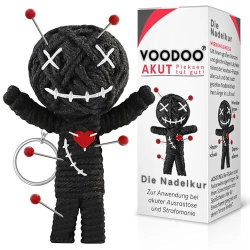 GLÜCKSGUT® Voodoo Puppe mit Nadeln | 7,5cm | Geschenkbox & Anleitung | Scherz-Medikament | Büro Geschenk für Kollegen Kollegin Chef | Anti Stress | Abschied | Büro Uni Studium