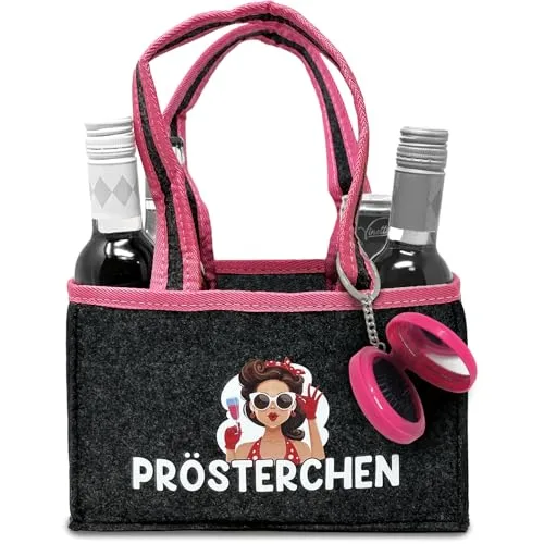 Longfair Witzige Frauenhandtasche inkl. Spiegel - Tragetasche aus Filz für 6 Flaschen-Dosen - Sekt, Wein, Hugo - JGA, Geburtstag