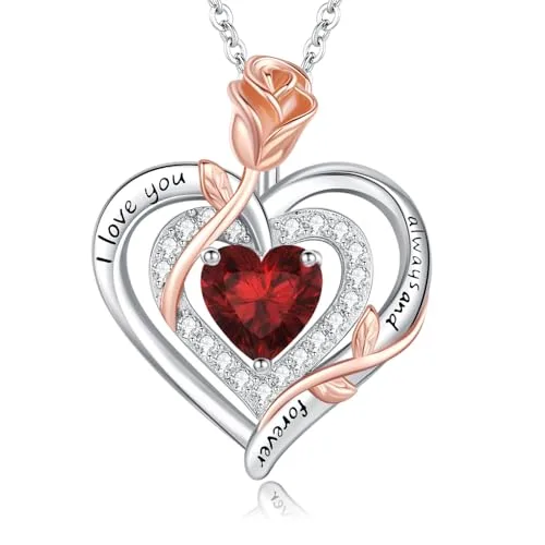 LAVUMO Halskette Damen Silber 925 Doppel Herz Rose Blume Kette Damen Geburtsstein Halsketten Muttertag Geburtstag Valentinstag Weihnachten Schmuck Geschenke Frauen Mama