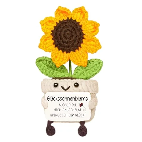 Giftasy Glücksbringer - Handgemachte Gehäkelte Glückssonnenblume mit Energiekarte, Mutmacher Geschenk, Anti Stress, Pocket Hug, Aufmunterung Geschenke, Motivation
