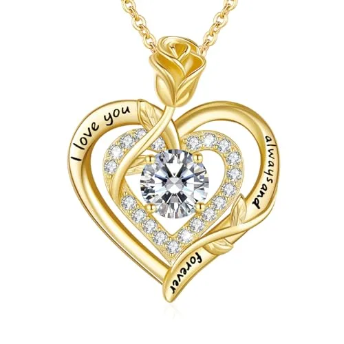 LAVUMO Moissanite Halskette Damen Silber 925,Moissanite Kette Damen Gold/Rosegold/Silber Doppel Herz Rose Anhänger Weihnachten Valentinstag Geburtstag Schmuck Geschenke für Frauen Freundin Mama