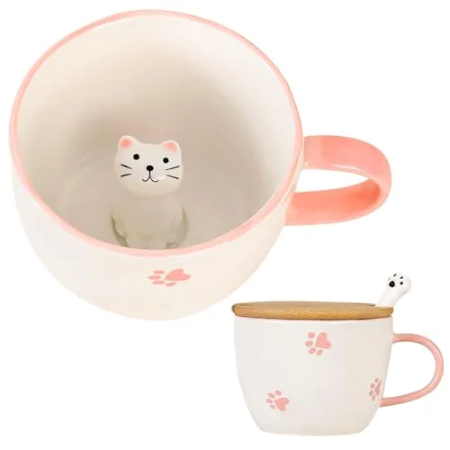 Süße Sachen Keramik Katze Kaffeetasse Teetasse Mit Deckel Löffel Lustige Tassen Geschenke für Frauen Kaffeebecher Porzellan 3D Tasse Personalisiert Cappuccino Tasse Beste Freundin Weihnachten Geschenk