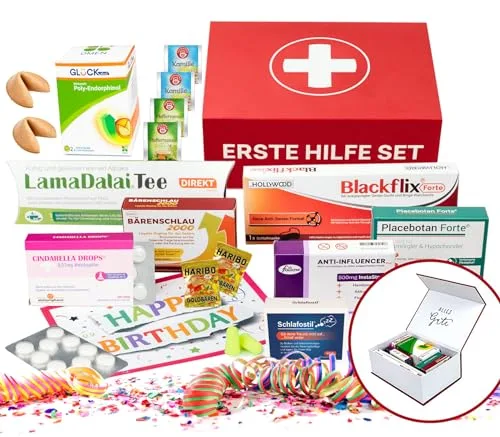 Lustiges Erste Hilfe Set - 10-teilig - Geschenkbox mit vielfältigem Inhalt - Lustige Medikamentenpackungen mit Geburtstagskarte in edler Magnetbox - Witziges Geburtstagsgeschenk für Männer und Frauen