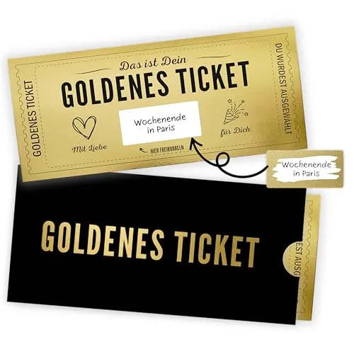 Goldenes Ticket Gutschein zum selber ausfüllen mit Rubbelaufkleber und Verpackung - Geschenk für beste Freundin oder Freund, Personalisierter Geschenk Gutschein zum Geburtstag für Frauen (Schwarz)