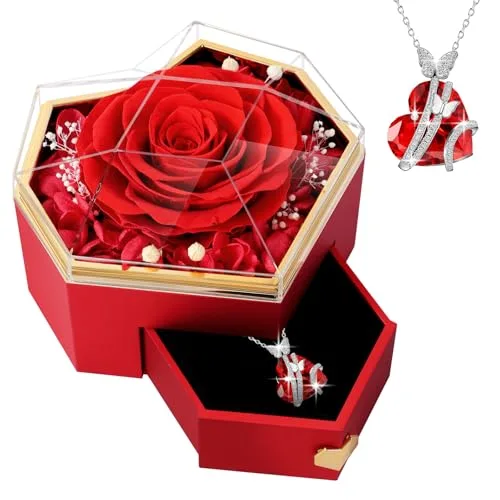 PatNlevs Ewige Rose Geschenkbox mit Kette, Geschenke für Frauen, Geburtstagsgeschenke für Grauen, Geschenk Freundin, Geburtstagsgeschenk für Mama, Schwester, Freundin (Rot)