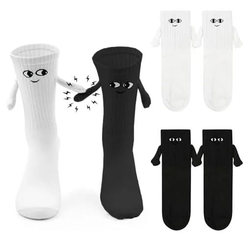 2 Paar Magnetische Socken mit Händen 36-43 Lustige Socken Damen Herren Hand in Hand Magnet Socken Kleine Lustige Geschenke für Frauen Männer Freunde Familie Partner Paar Kinder Party (Schwarz + Weiß)